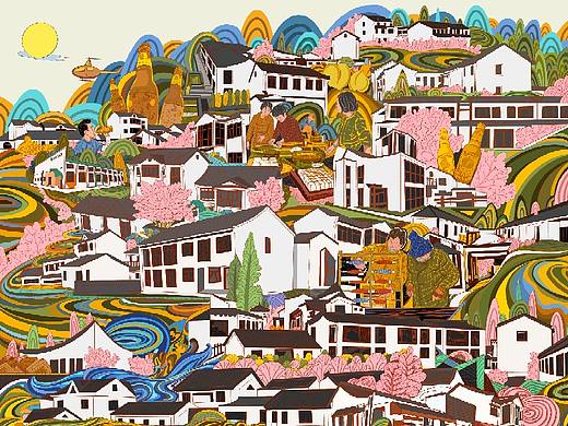 吴房村，乡村振兴计划插画