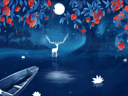 手绘--插画静谧奇幻场景 诡异神秘深蓝麋鹿强对比湖面