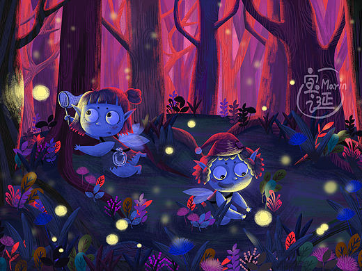 小精灵系列插画（一）魔法森林里捉萤火虫