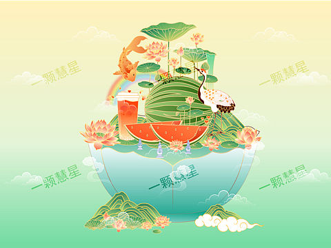 清爽夏天西瓜风景微观山水矢量插画✨