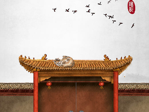 中式门猫古建筑古门飞鸟古风水墨画古风插画