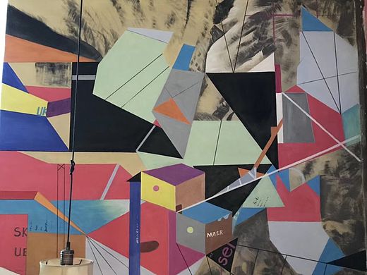 南海万达广场三楼洞庭土菜馆的墙绘，配上现代抽象风格