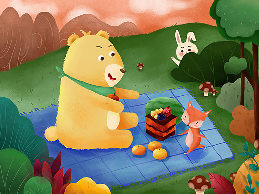 板绘儿童插画动物野餐插画-儿童插画29011年前板绘景甜张彬彬司藤插画