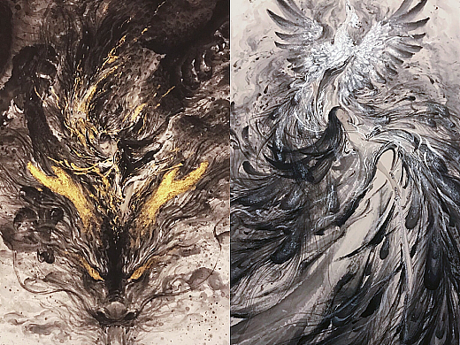 新国画【手绘国风古风武侠水墨画海报动画 黑龙白凤】