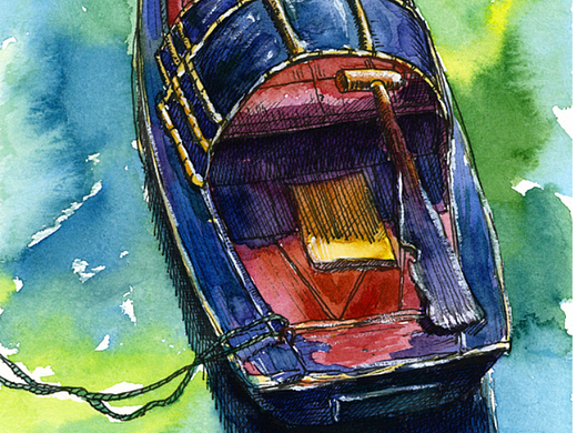 钢笔淡彩乌篷船详细步骤