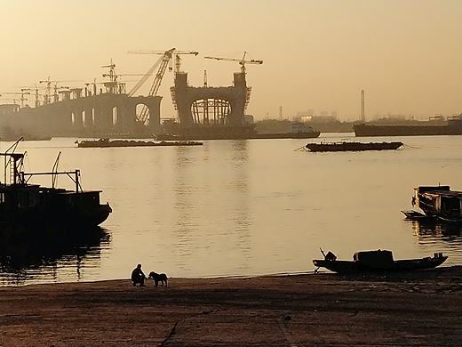 夕阳下的男人与狗