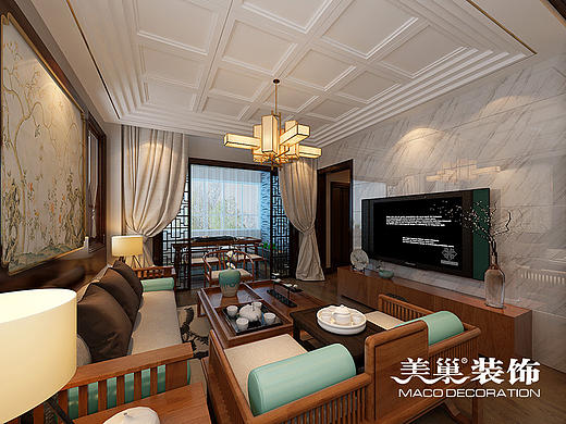 思念果岭国际社区220平复式新中式风格装修案例效果图