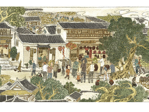 美食步行老街原创插画