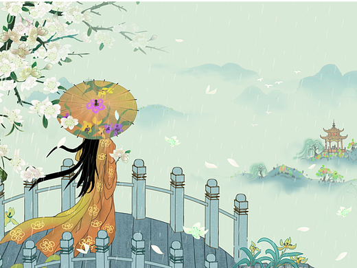 唯美雨水春天古风中国风插画