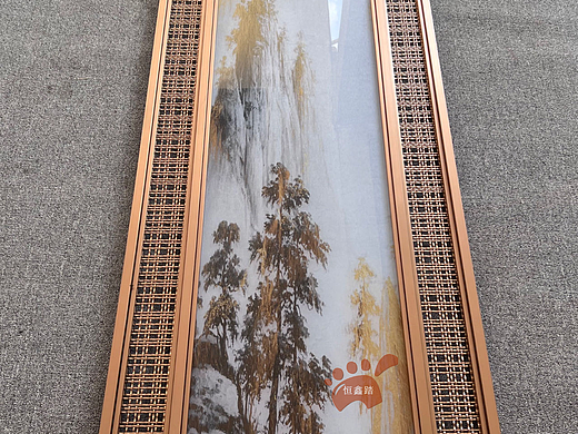 别墅客厅风水不锈钢屏风 山水玻璃画玄关