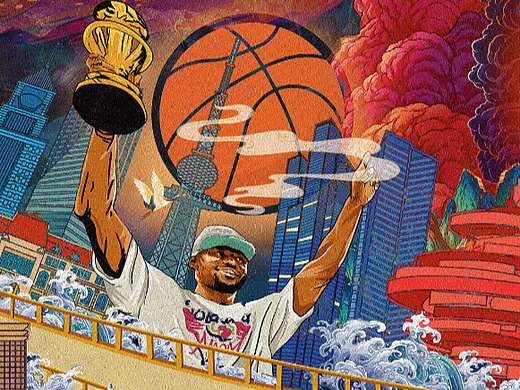 青岛标志性建筑与nba人物结合的长图设计