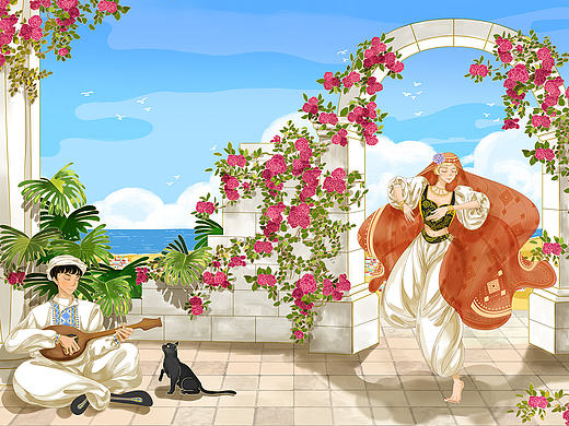 弹琴的阿米尔和跳舞的玛蒂哈（个人主页-ZMTcwMTgxMTY=） - 商业插画 - 站酷设计师Hannary原创素材 - 站酷ZCOOL