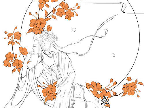 唯美古风美人白描线稿