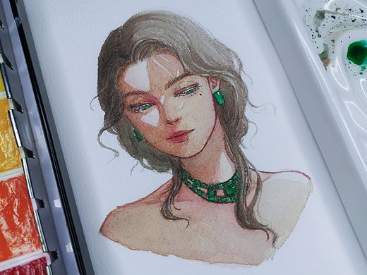 水彩插画 一个祖母绿小姐姐