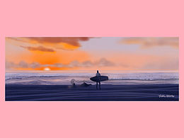 夕阳下的长板人与沙滩