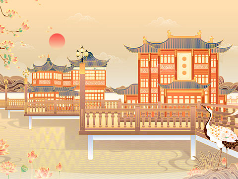 AI矢量插画/城市风景/地标建筑/复古中国风