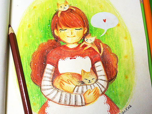 《满满爱的猫奴少女》彩铅手绘插画