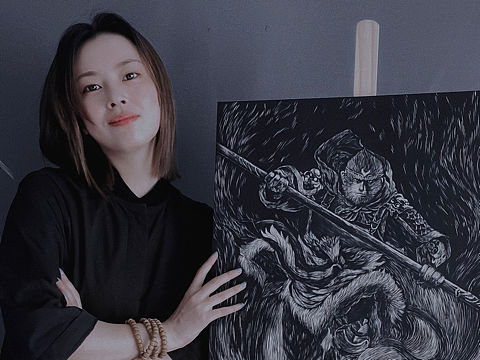 手工雕刻黑白木刻版画·孙悟空