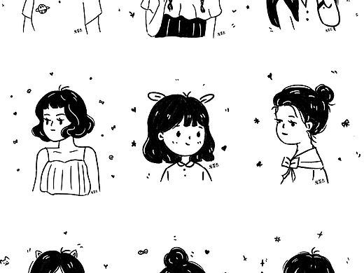 黑白线条复古风头像插画