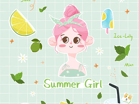 夏日可爱人物小物件组合插画可做贴纸