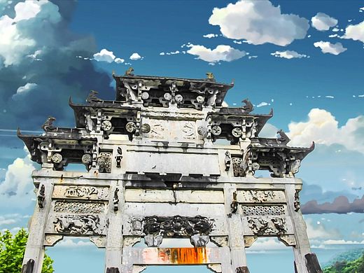 皖南 宏村 西递牌坊ps 处理 为 动漫、漫画手绘风格 海报 风景