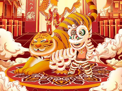 虎年国潮插画《福虎迎门》