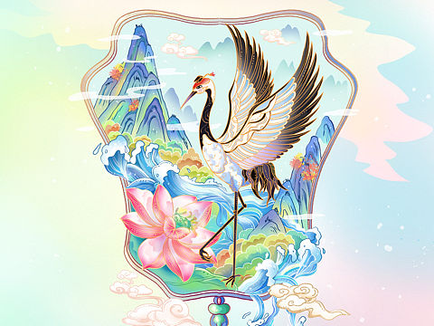 原创国风插画仙鹤场景团扇绘插画