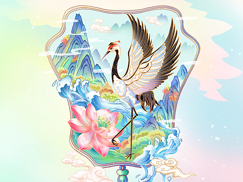原创国风插画仙鹤场景团扇绘插画