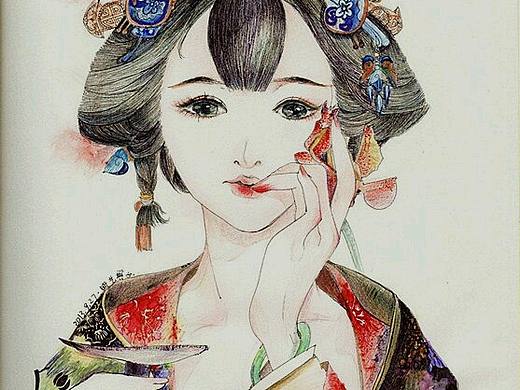 手绘插画《花香簪入鬓》彩铅水彩笔