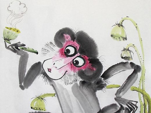 画儿晴天猴年生肖创意纸本水墨画