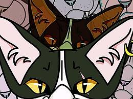 上周原创涂鸦《九命猫》,《平行宇宙的猫》,《门神》