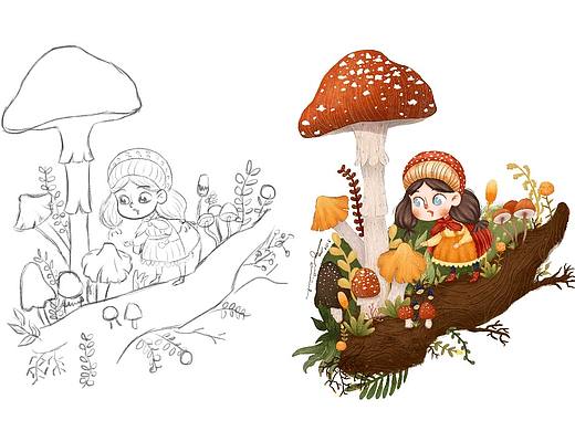 原创插画小场景-采🍄的小姑娘(个人主页-ZNTMzMzM5NzY=) - 儿童插画 - 站酷设计师FairyNuyoah原创素材 - 站酷ZCOOL
