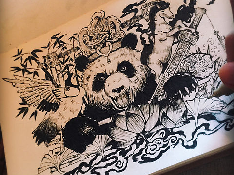 （寿比喜）熊猫，鹤，马。针管笔练习