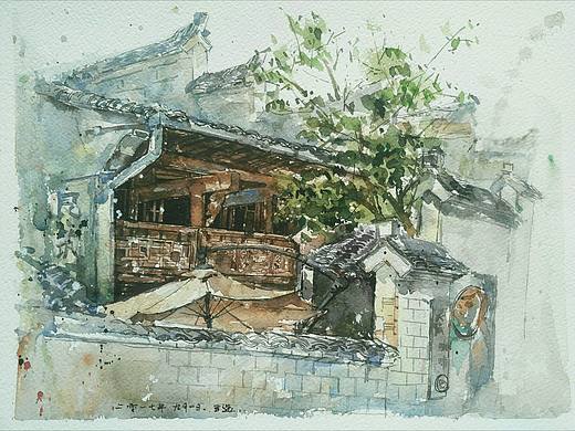 西递写生水彩画，