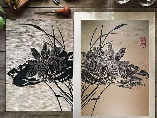 木版画  装饰画《墨荷》