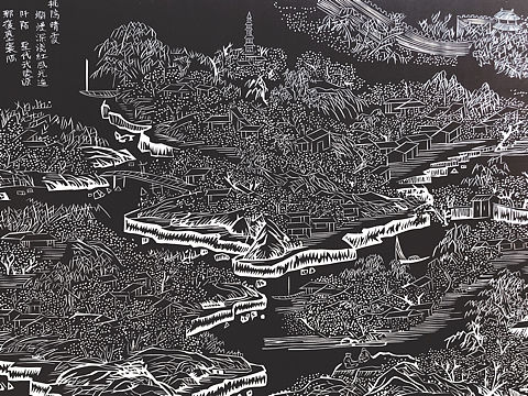 手工雕刻黑白木刻版画风景