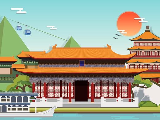 【原创】一组古建筑题材扁平矢量插画