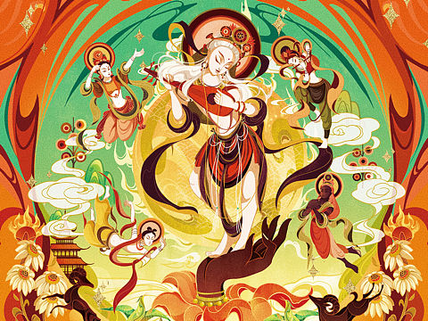 敦煌龟兹石窟伎乐天 国潮插画