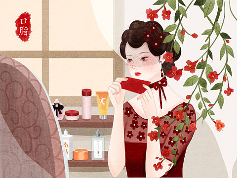 民国风女子化妆系列插画