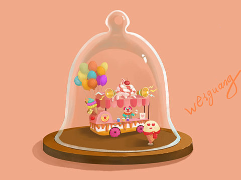 玻璃罩里的小丑甜品车