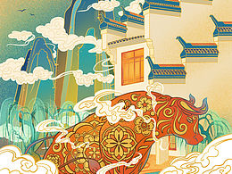 国潮风 - 牛年建筑风景插画