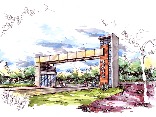 马克笔手绘小区大门效果图