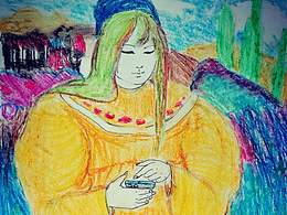 蠟筆《年輕的女信徒，只信手機》