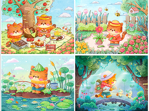小动物猫咪度假卡通场景插画合集