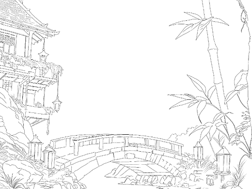 国风灯光画线稿彩稿素材