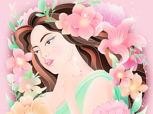 繁花版女神节唯美插画，祝女生们节日快乐