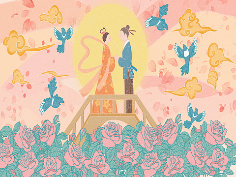 浪漫七夕鹊桥相会插画