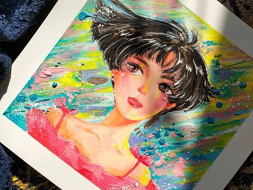 天奇油画棒少女插画