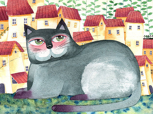 画儿晴天水彩画-黑猫红房子