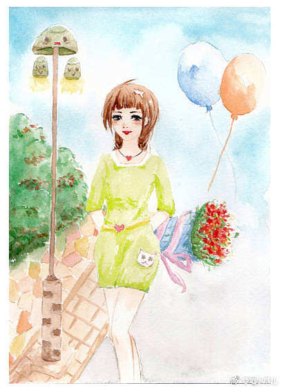 水彩练习 恋爱中羞涩的女孩与花束 气球 路灯 小路